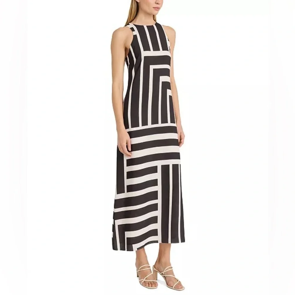 NWT Donna Morgan Black Cream Geometric Stripe Maxi Dress Sz 2 Sleeveless A-Line - Picture 2 of 12